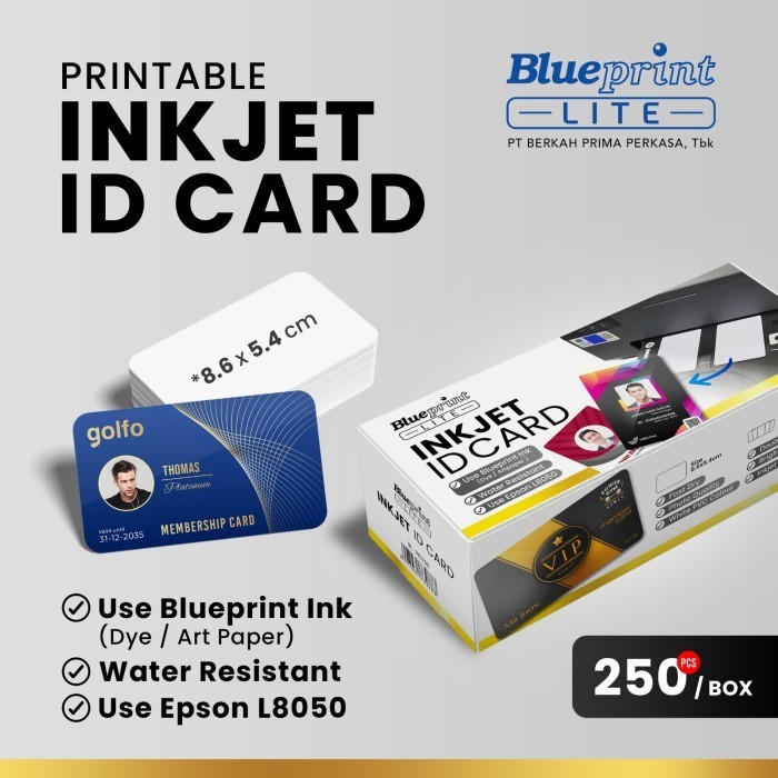 

Kartu Printable Inkjet Id Card Blueprint 8.6x5.4 760 mic for Epson L8050 - 1 dus isi 250 pcs