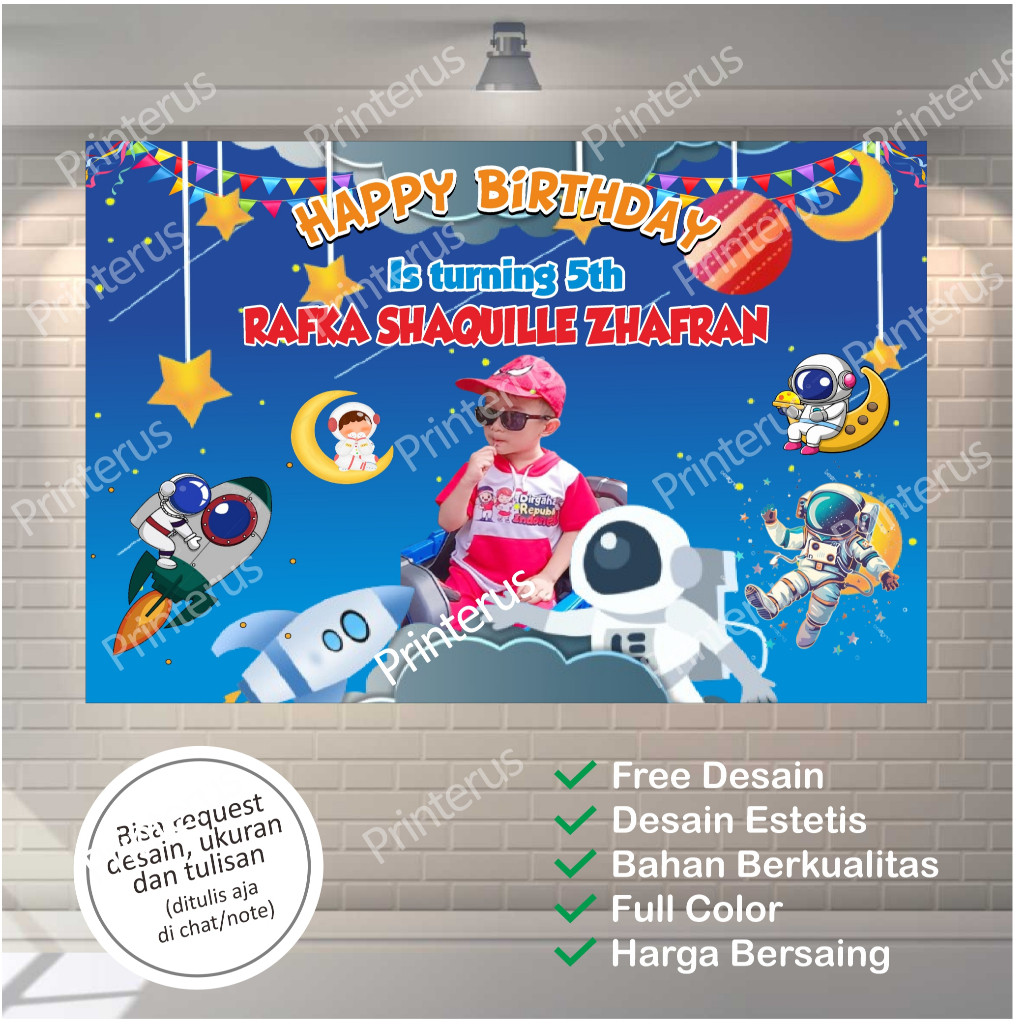 Spanduk Happy Birthday  Astronot  – Banner Ulang Tahun Anak Tema Astronot Pilot