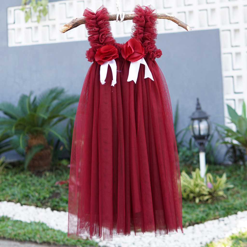 JOYKIDS DRESS BUNGA ANAK MERAH MAROON GAUN ANAK VIRAL KEKINIAN