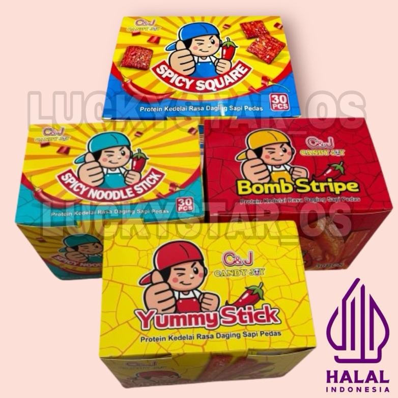 

C&J YUMMY STICK / BOMB STRIPE / SPICY NOODLE STICK / SPICY SQUARE RASA DAGING SAPI PEDAS ISI 30 PCS