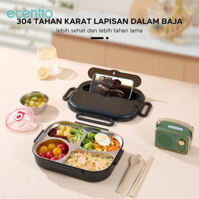 ecentio 1L Kotak Makan stainless 304 Tempat Makan Lunch Box 4/5 Sekat