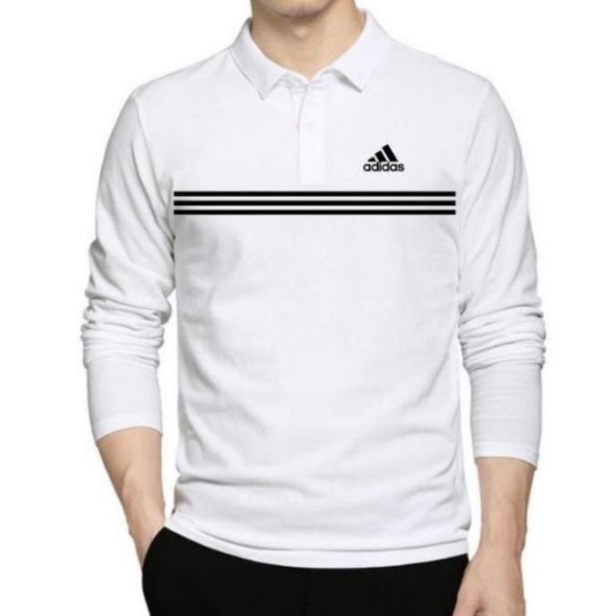 Kaos Kerah Pria Polo shirt Lengan Panjang Adidas Strip Terlaris Terlaris