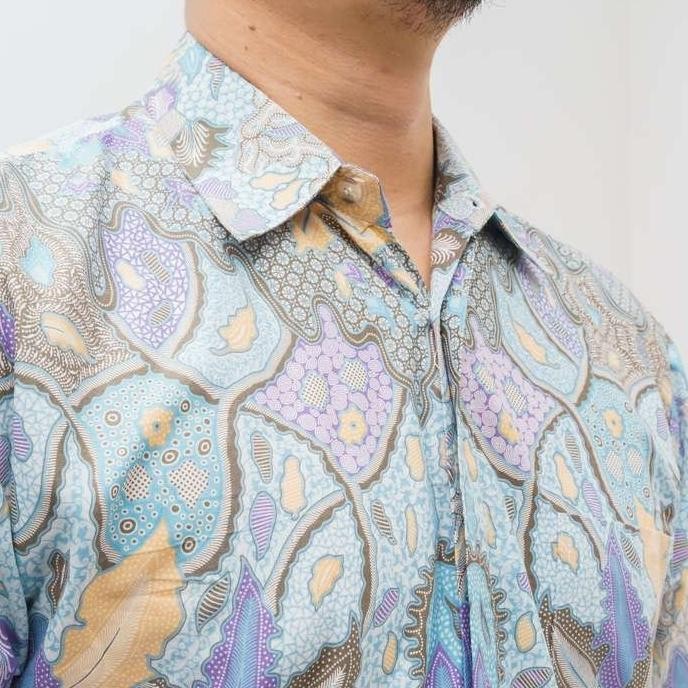 Kemeja Batik Katun Pria Lengan Pendek by Ali Batik Warna Putih Biru Terlaris