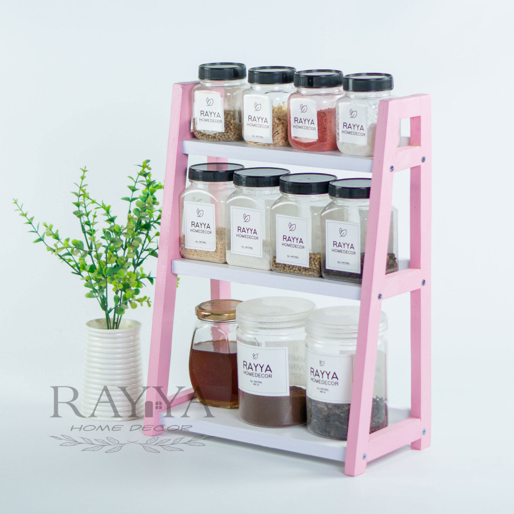 Promo Rak Bumbu Dapur Kayu Serbgauna 3 Susun Medium Pink