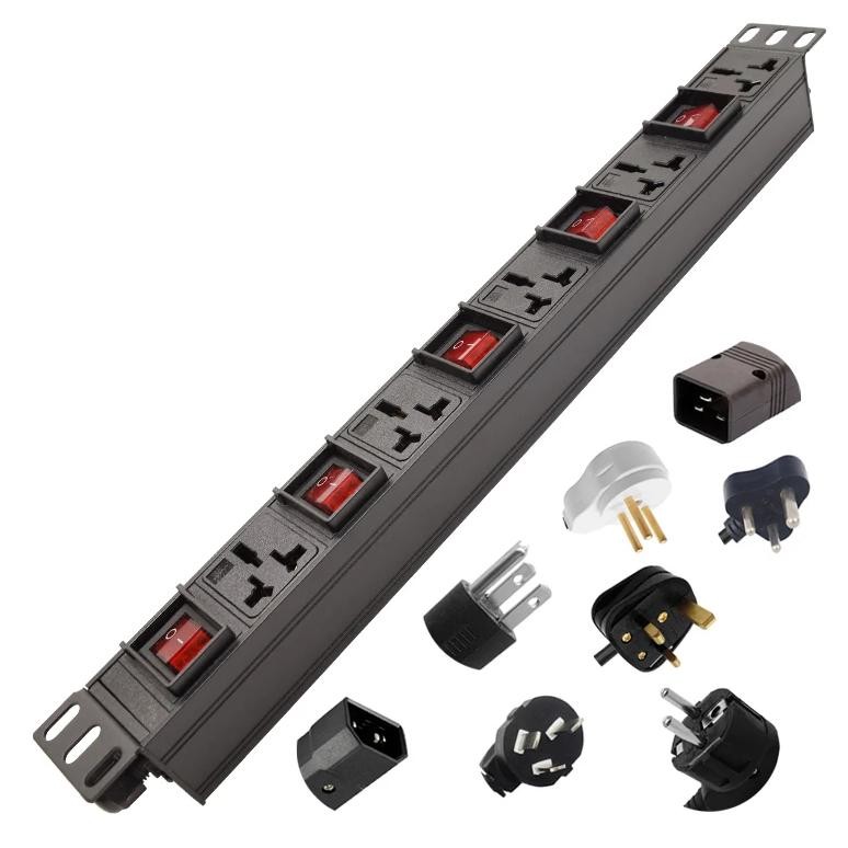 19 inch PDU 1U Network Cabinet Rack Power Strip Distribution 16A Universal Outlets Break Switch EU/U