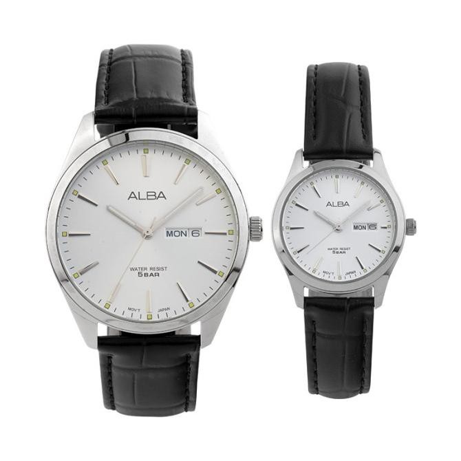 Sale Jam Tangan Couple Alba An8089X1_Aj6193X1 Couple Silver Dial Black Leather Strap
