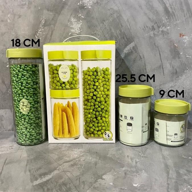 Toples kaca kue lebaran Kaca 3 Pcs tutup hijau