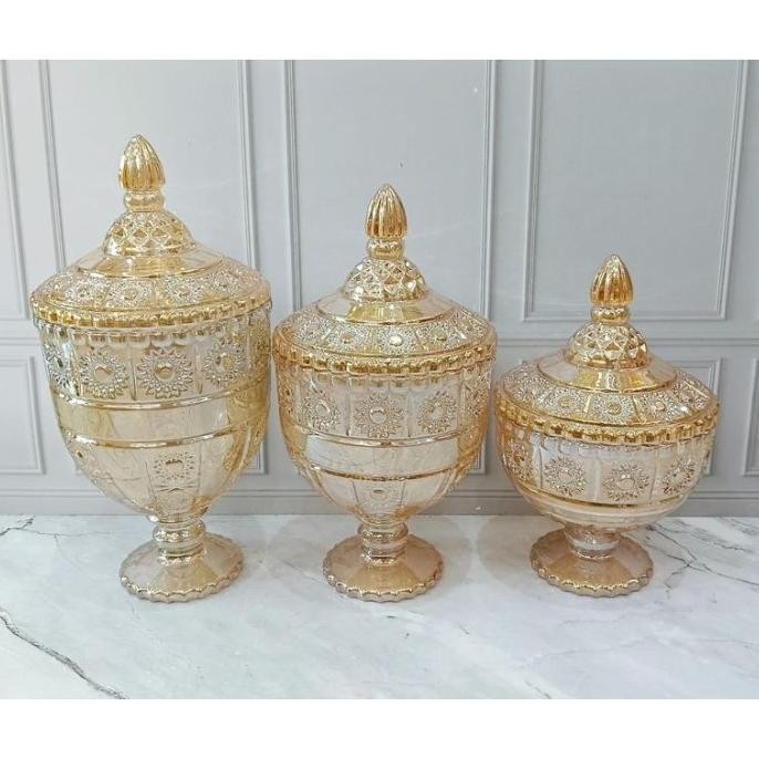 Toples Kue Lebaran / Toples Kue Kering / Tople Kaca Gold 1 set 3 Pcs