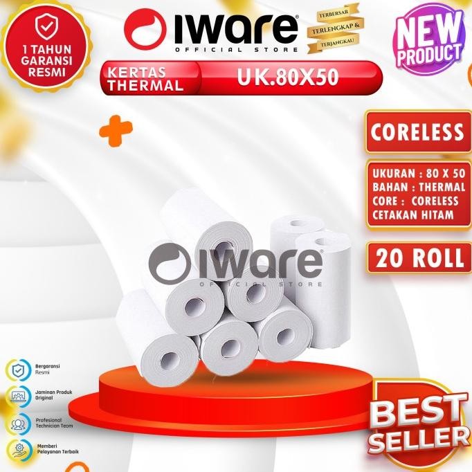 

Iware Kertas Thermal Coreless 80X50 80MM isi 20 Roll Cetakan Hitam