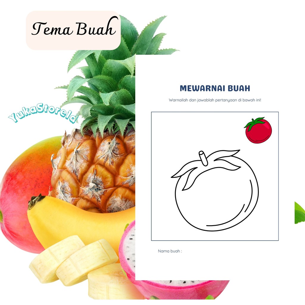 

[Ready] Tema Buah-Buahan Kertas Mewarnai TK SD Sudah Ada Petunjuk Mewarnai