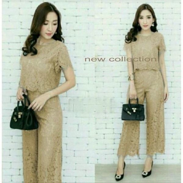 St kulot brukat coksu VE Setelan wanita brukat Coklat susu