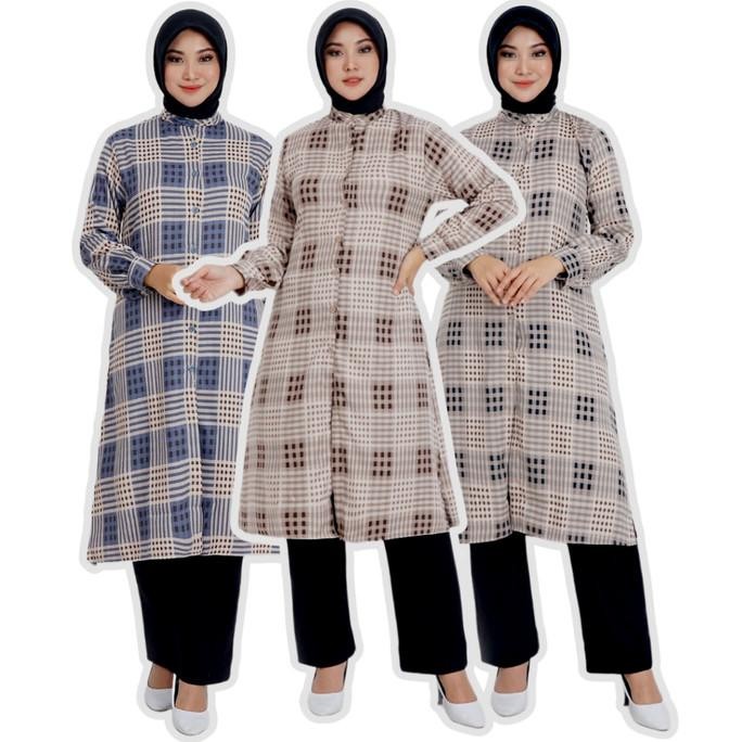 LONG TUNIK HIJAB WANITA MUSLIMAH MOTIV KOTAK KOTAK ATASAN MUSLIM WANIT