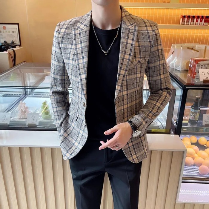 AppleDezign 2025 Men Fashion Dress Prom Blazer Korean Plaid Suit Men Casual Slim