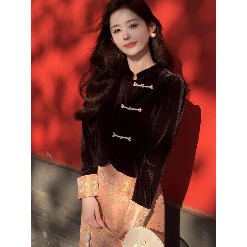 Jaket Pendek Asimetris Elegan Gaya Cina Baru yang Mengurangi Berat Badan+Rok Dua Potong