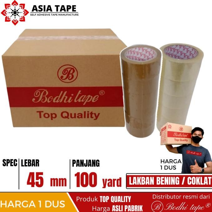 

LAKBAN BENING COKLAT BODHI TAPE UK 45MM X 100YARD 1 DUS ISI 72 ROLL ASLI