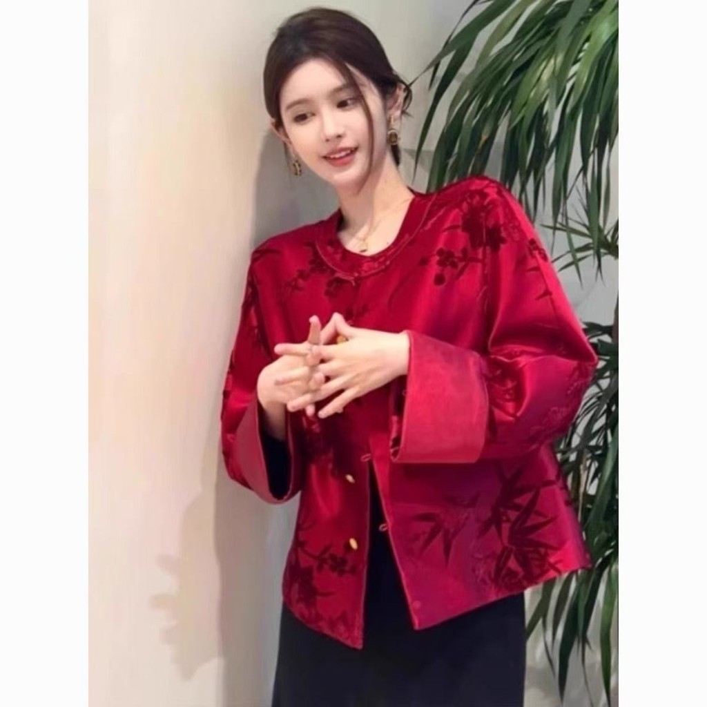 Jaket Pendek Wanita Gaya Cina Baru dengan Kancing Merah