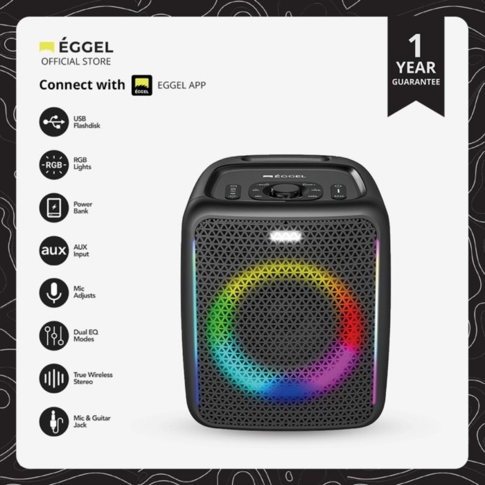 Eggel Fortis 2 Wireless Bluetooth Portable Party Speaker, Loud and Impactful Sound, RGB Lights Dual