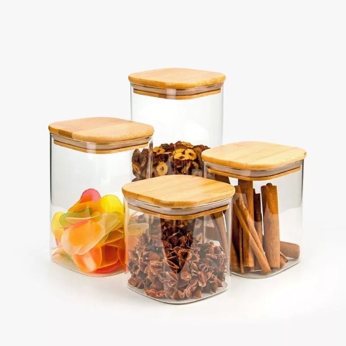 

TERBAIK Glass Jar with Bamboo Lid Square / Toples Kaca Borosilicate Bumbu Dap