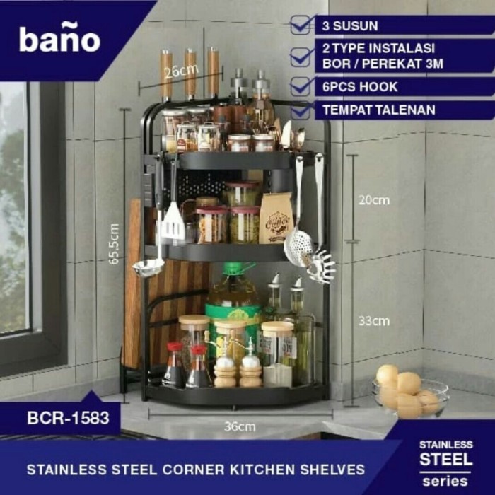 

TERBARU Rak bumbu Dapur stenlis hitam 3 susun