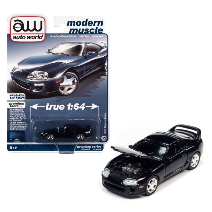 AWSP090-24A 1/64 AUTO WORLD TOYOTA SUPRA BALTIC BLUE BLACK DIECAST