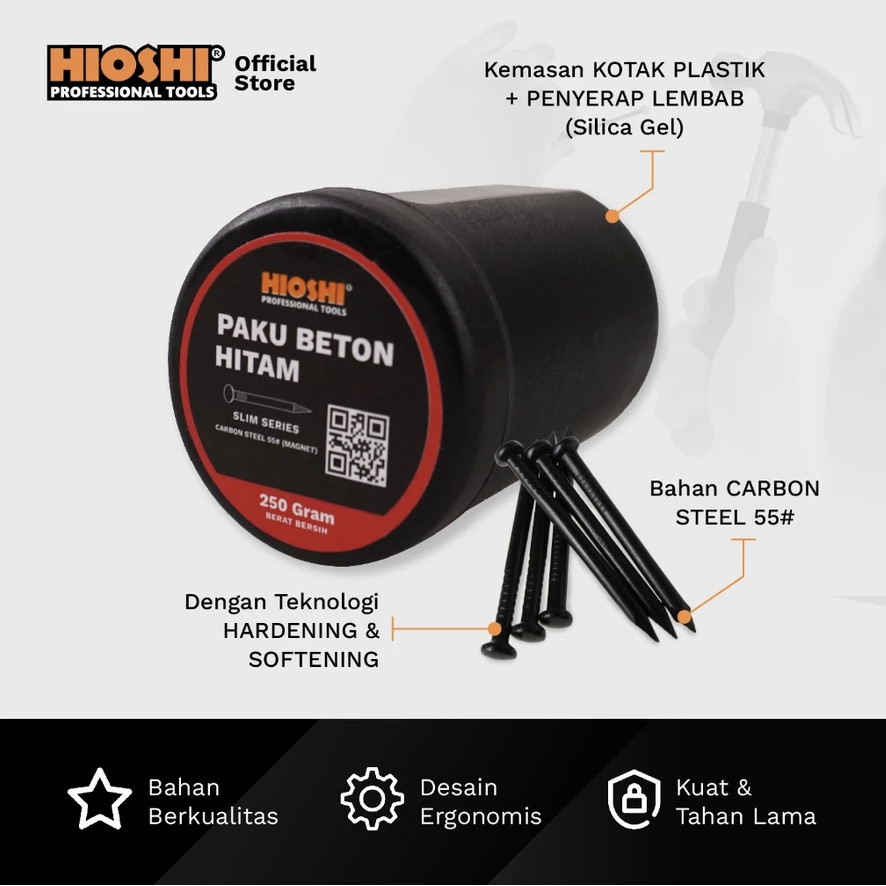 HIOSHI Paku Beton Tembok Cor Hitam Baja (Slim Series) nett 250g/box
