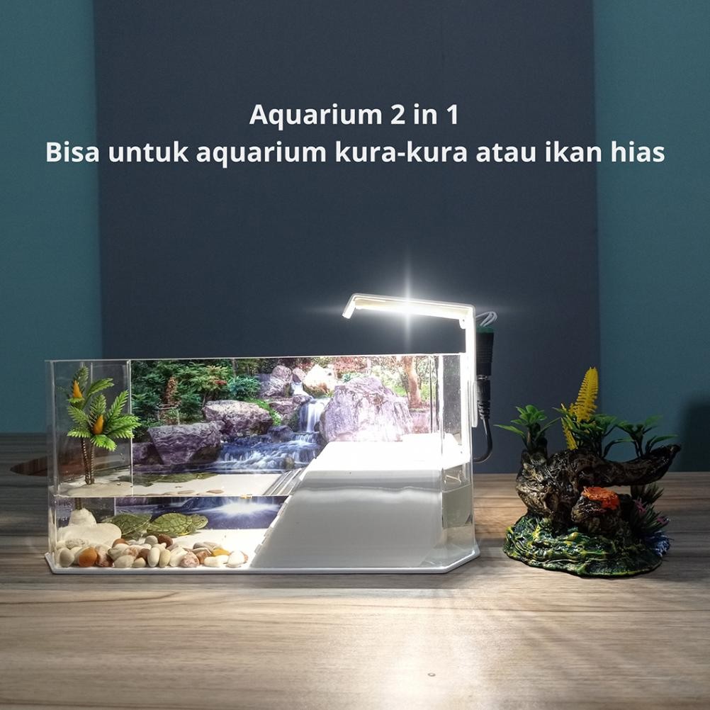 PROMO Aquarium kura kura brazil lengkap dengan lampu dan hiasan eq-77
