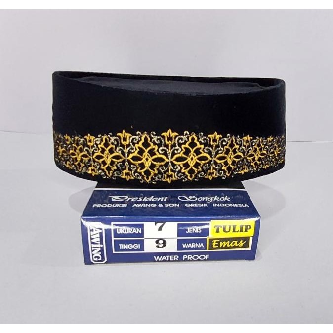 Songkok Awing Hitam Motif Bordir Tulip Emas