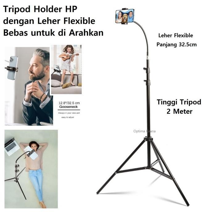Tripod HP Holder Klip Handphone 2 Mtr Flexible Leher Tekuk Rotari 360