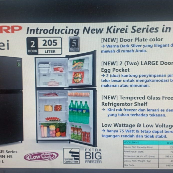 KULKAS SHARP SJ-236MN NEW KIREI LOW WATT 2 PINTU 236MN