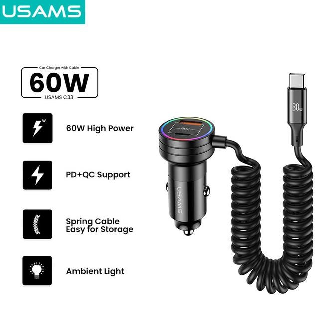 Usams C33 Car Charger Mobil With Spring Cable 60W