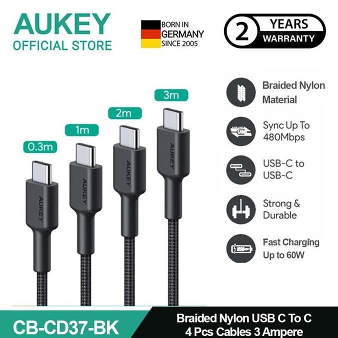 Aukey Kabel Charger ( 4Pcs ) Usb-C To Usb-C Braided Nylon 3A Cb-Cd37
