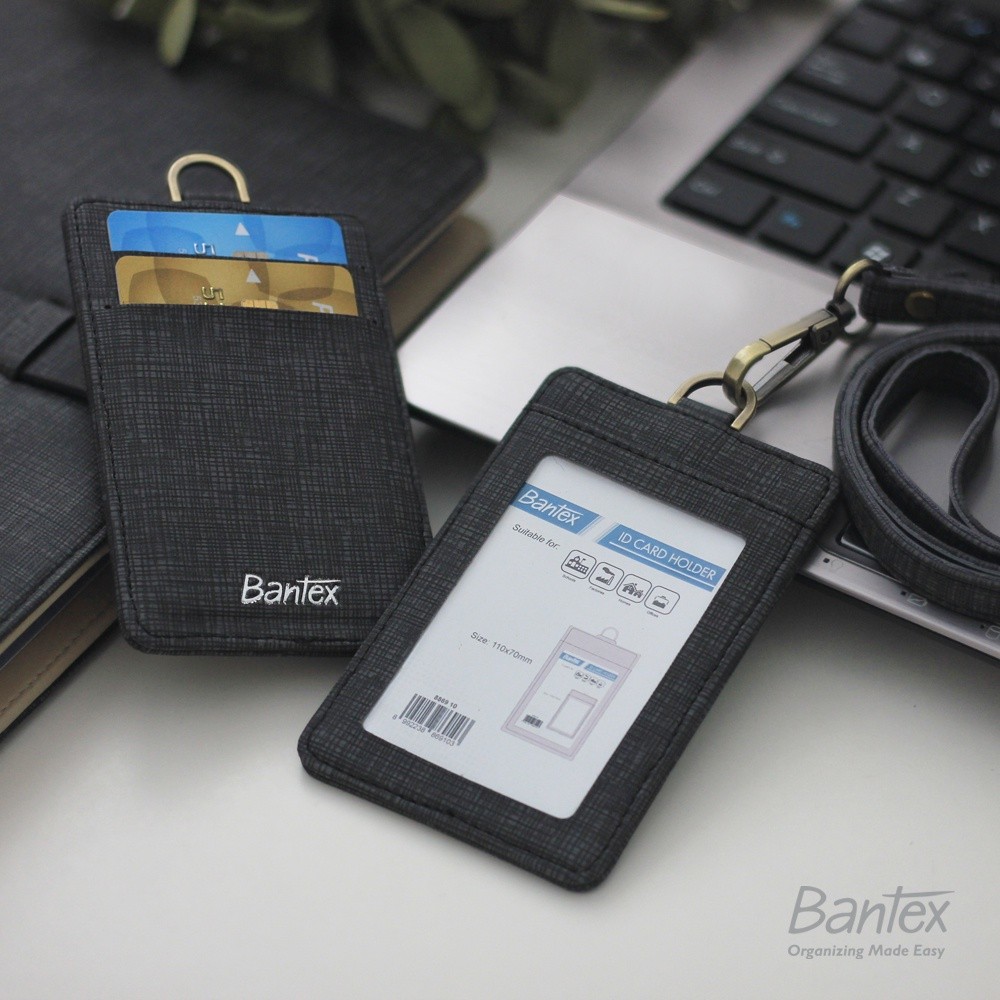 

[Terminal Stationery 01] Bantex Leather Name Tag ID Card Holder Black 8869 10 Kulit Sintetis Lanyard Tali