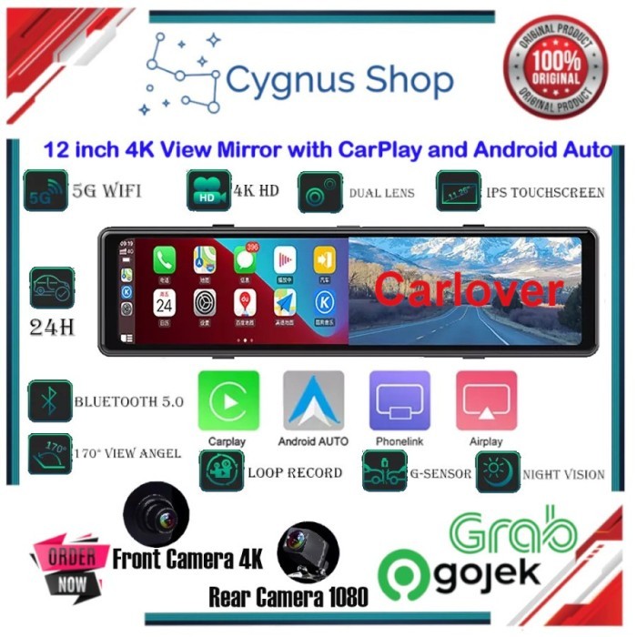 EGO V16 12 inch AutoAndroid Carplay 4K Mirror Dashcam Wifi 5G - Full Set, 6 Bulan + 64GB