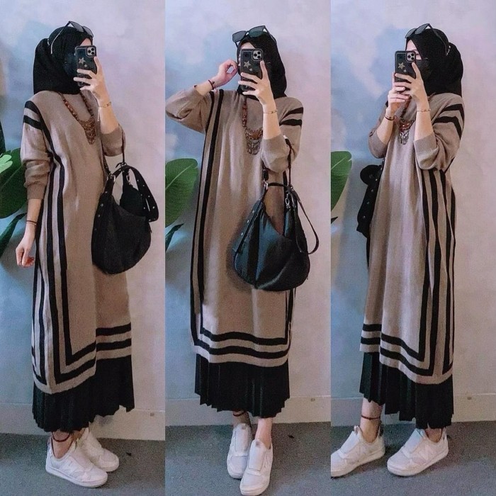 Tunik Long Tunik Terbaru Bahan Knit Model Terbaru Wanita Simple Kekinian - Mocca elegan kekinian ele