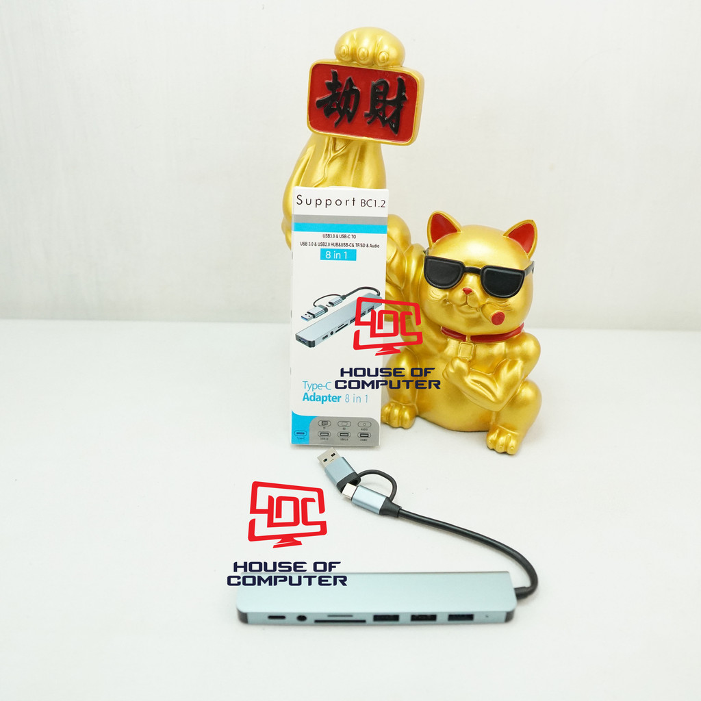 CONVERTER USB HUB TIPE C 4 PORT USB HUB + SD CARD + TF CARD READER + TIPE C + AUDIO 3.5 + TIPE C 8 I