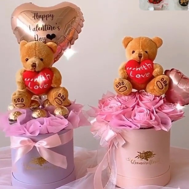 

KADO HADIAH VALENTINE TEDDY BEAR BLOOM BOX HAMPER BONEKA COKLAT BUNGA