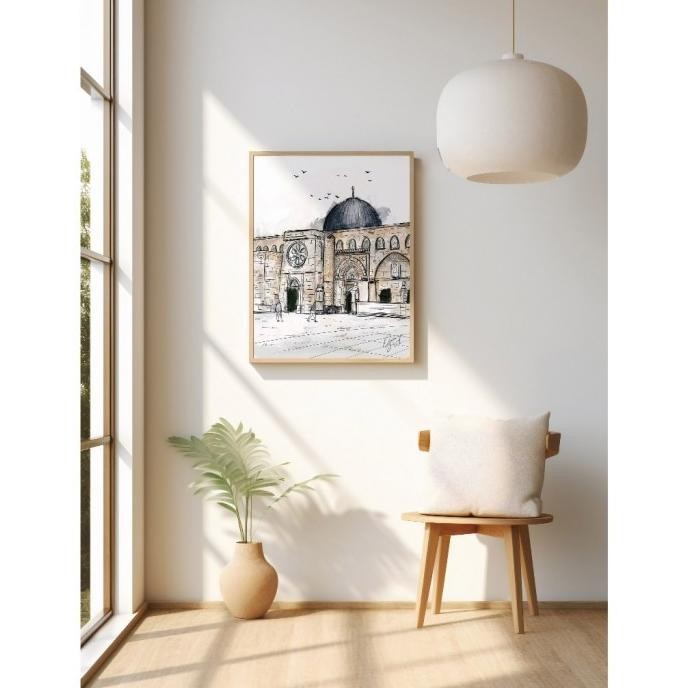 Lukisan Sketsa Masjid Al Aqsa Palestine in Watercolor Painting - Lukisan Masjid Aesthetic - Hiasan D