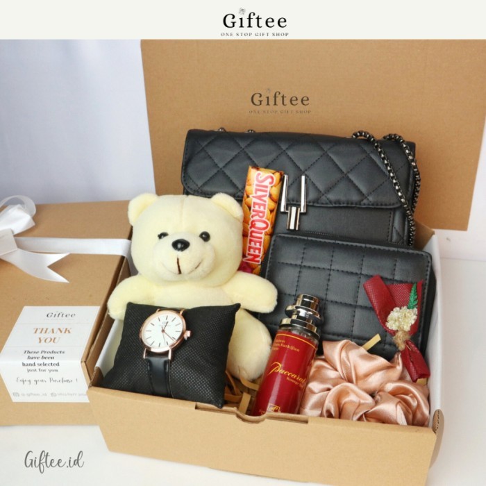 

HAMPERS TAS WANITA PREMIUM DOMPET JAM PARFUM BONEKA SELEMPANG SLING BAG KADO HADIAH GIFT SET BOX