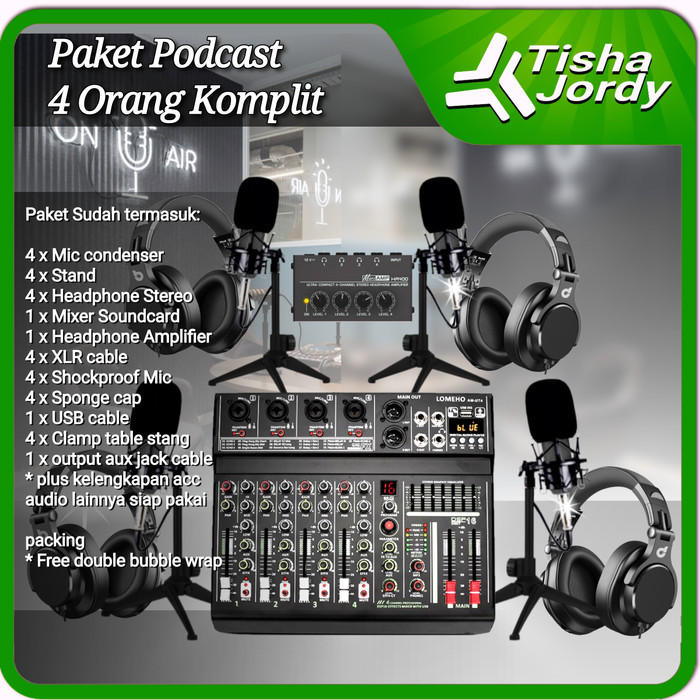 PAKET PODCAST 4 ORANG PREMIUM, MIC, HEADPHONE, MIXER, RECORDING