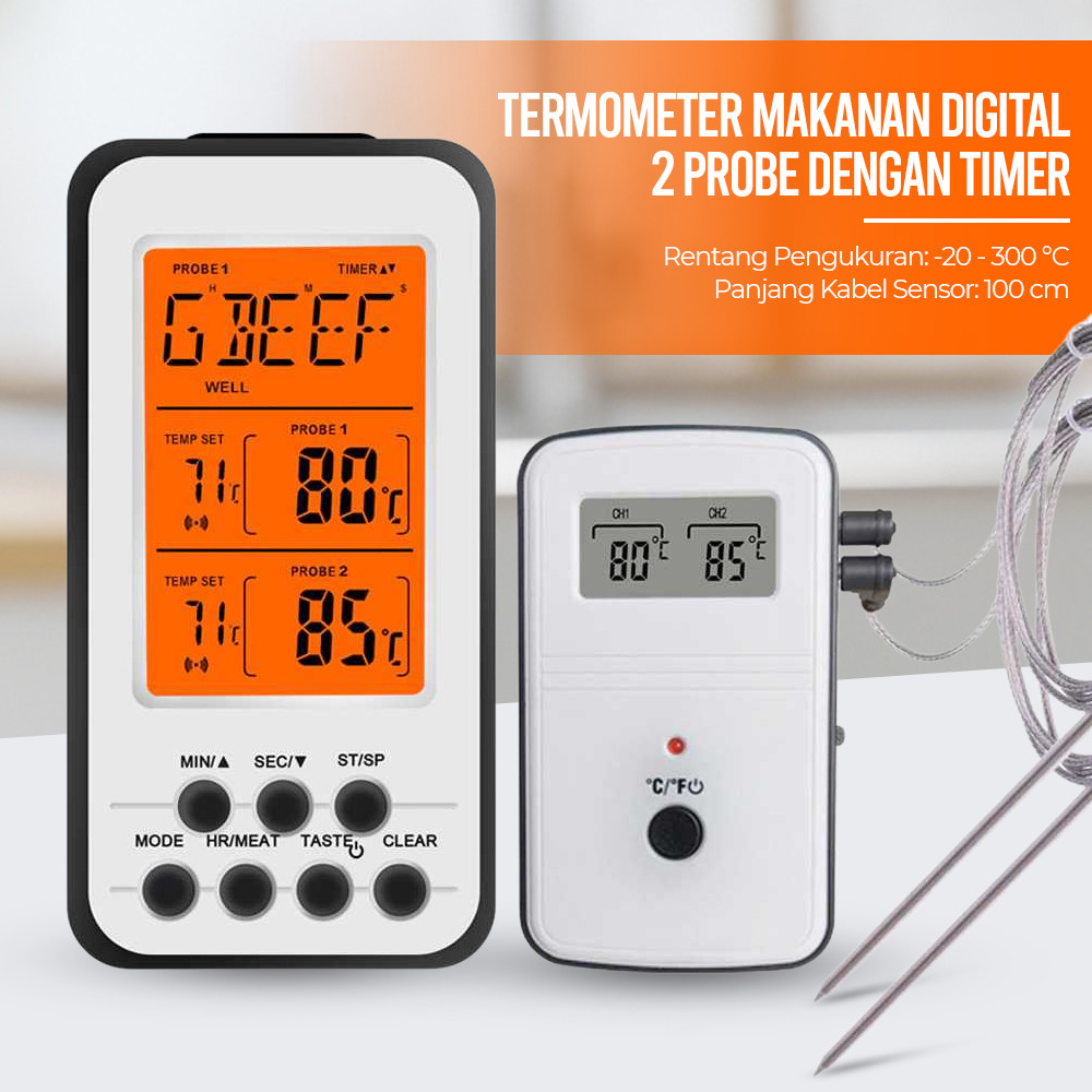 

Anpro Termometer Makanan Daging Digital Wireless 2 Probe with Timer - KN6008-2