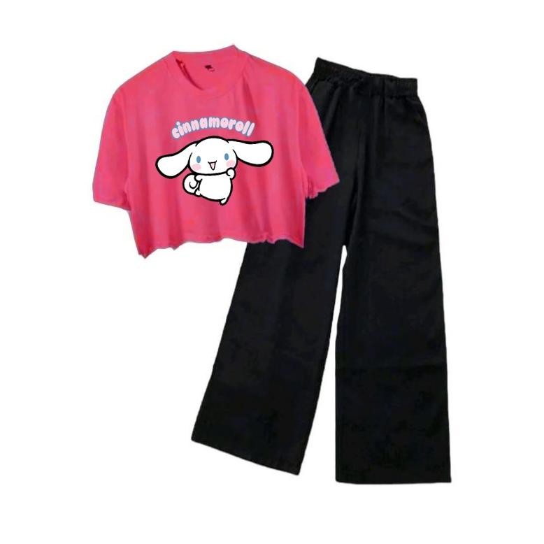 PROMO Setelan Oversize Crop Top Kulot Anak Perempuan Karakter Kuromi Cinnamoroll Lotso Stitch Viral 