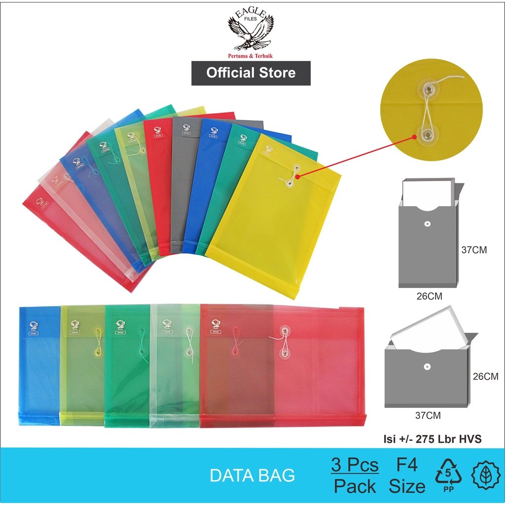 

Map Plastik Tali F4 Bening/Opaque EAGLEFiles Data Bag Punggung Horizontal/Vertical 3 PCS/Pack