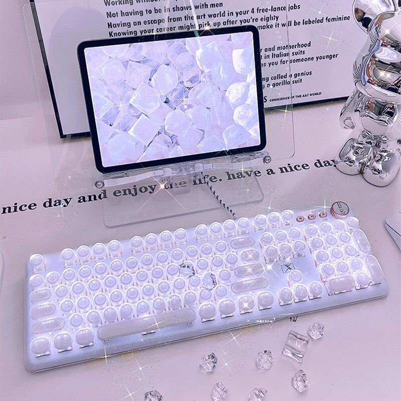 Keyboard Mekanis Gaming Transparan 104 Tombol Keypad Lampu Latar RGB Kristal Keyboard Gamer Perempua