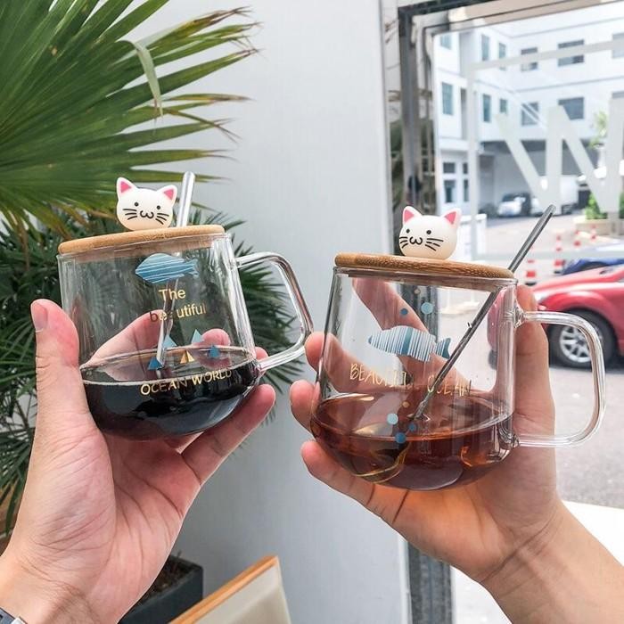 Cangkir Gelas Kopi Cangkir Bening + Sendok + Tutup Kayu Coffee Cup Set