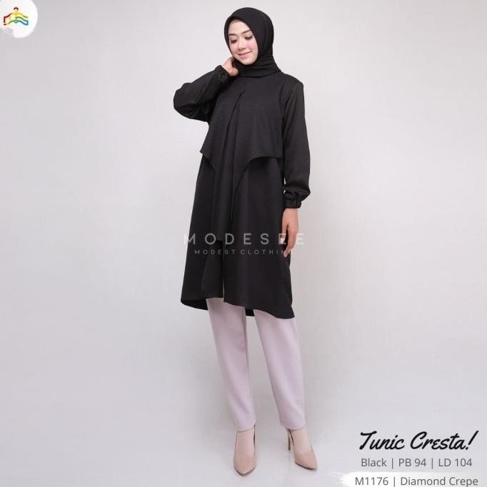 Tunik Panjang Hitam Polos Layer Cresta Wanita Muslim M1176 - COD HF56