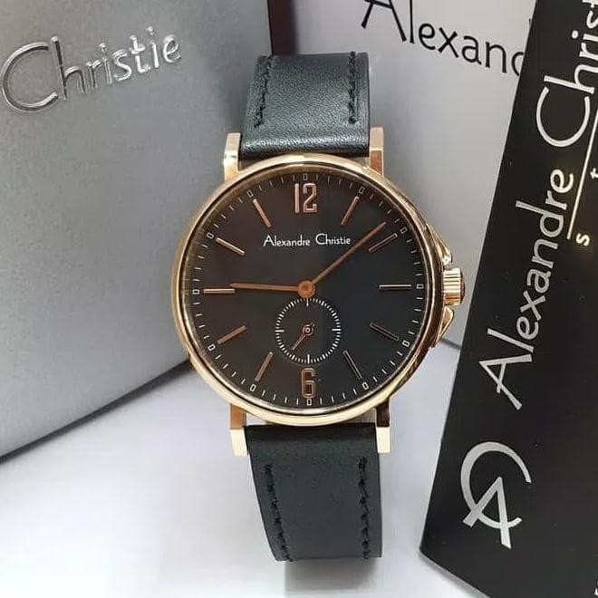 ALEXANDRE CHRISTIE AC8458 AC 8458 LEATHER BLACK ROSEGOLD Jam wanita