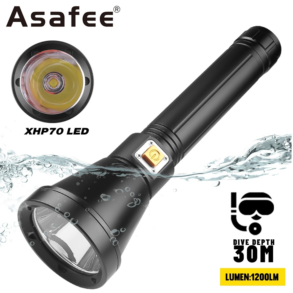 Asafee D170A 1200LM XHP70 Senter Diving Senter 30m Di Bawah Air IPX8 LED Tahan Air Rentang Daya Ting