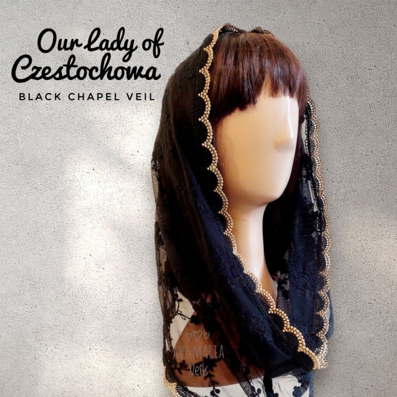 Kerudung Kapel Bordir Katun Hitam Our Lady of Czestochowa, Mantilla (Misa Kudus, Gereja Katolik) |3D