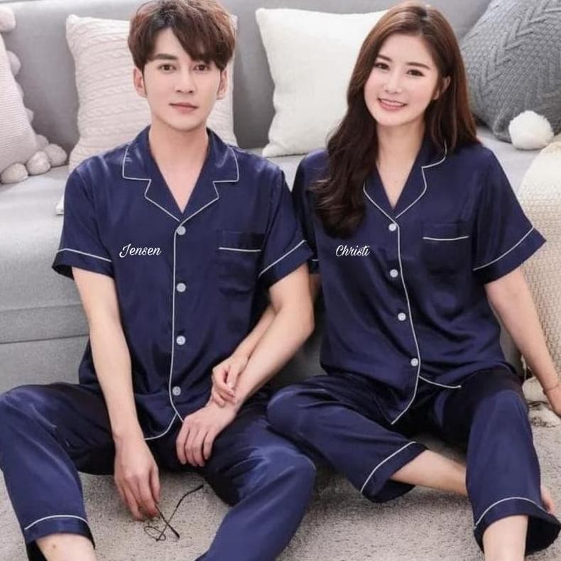 SDF Piyama pajamas baju tidur couple pria wanita custom bordir nama hadiah kado gift nikahan wedding