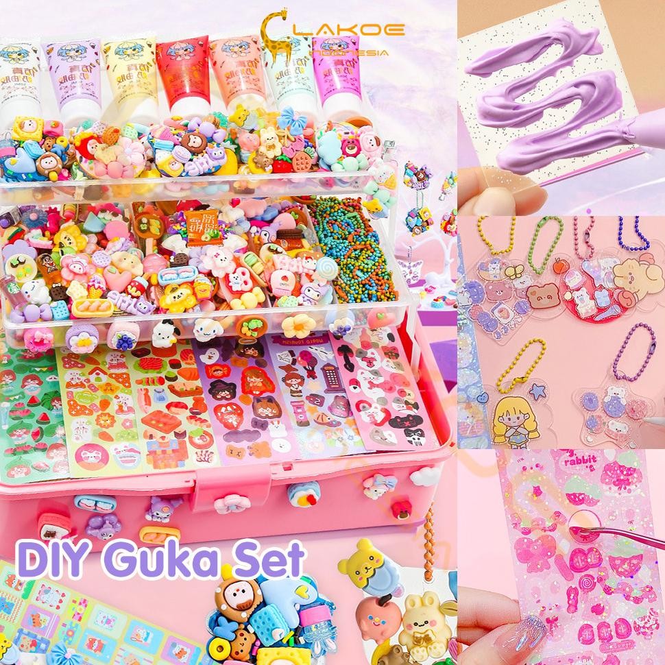 LAKOE DIY Guka Set Gantungan Kunci Akrilik Set Guka Stiker Set lucu Mainan Anak Perempuan